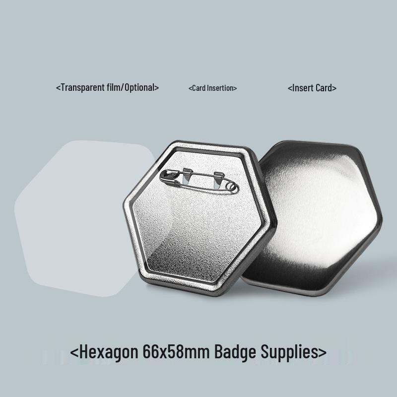 Frosted Hexagonal Badge with Rustproof Safety Pin - 66x58mm