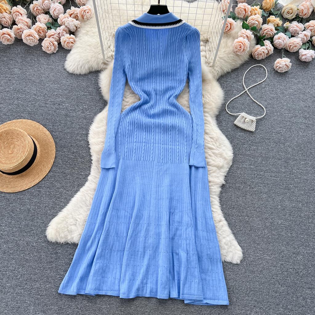 Autumn Winter Wear Embroidery Letter Knitted Sweater Dress Women Polo Single Breasted Designer Temperament Long Dresses