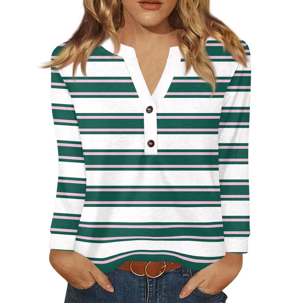 Dámské tričko s potiskem, knoflíky, dlouhý rukáv, denní, víkendová móda, základní, výstřih do V, běžný top