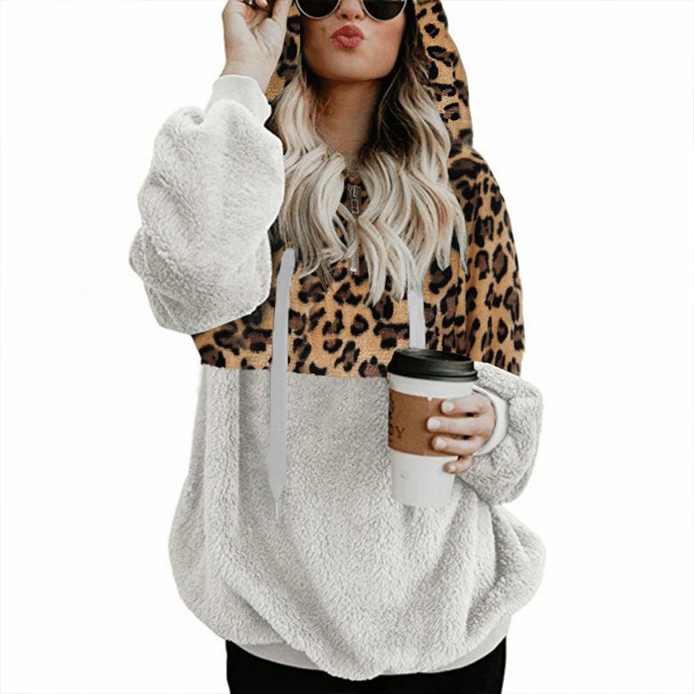 Casual Loose Plush Patchwork Hoodies Women Zipper Tops Long Sleeve Drawstring Hooded Warm Sweatshirt with Pockets