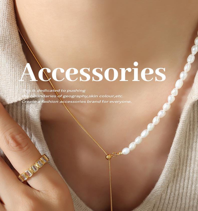 Retro Design Necklace: Titanium Steel with French Freshwater Pearl & Adjustable Tassel Pendant, Non-fading.