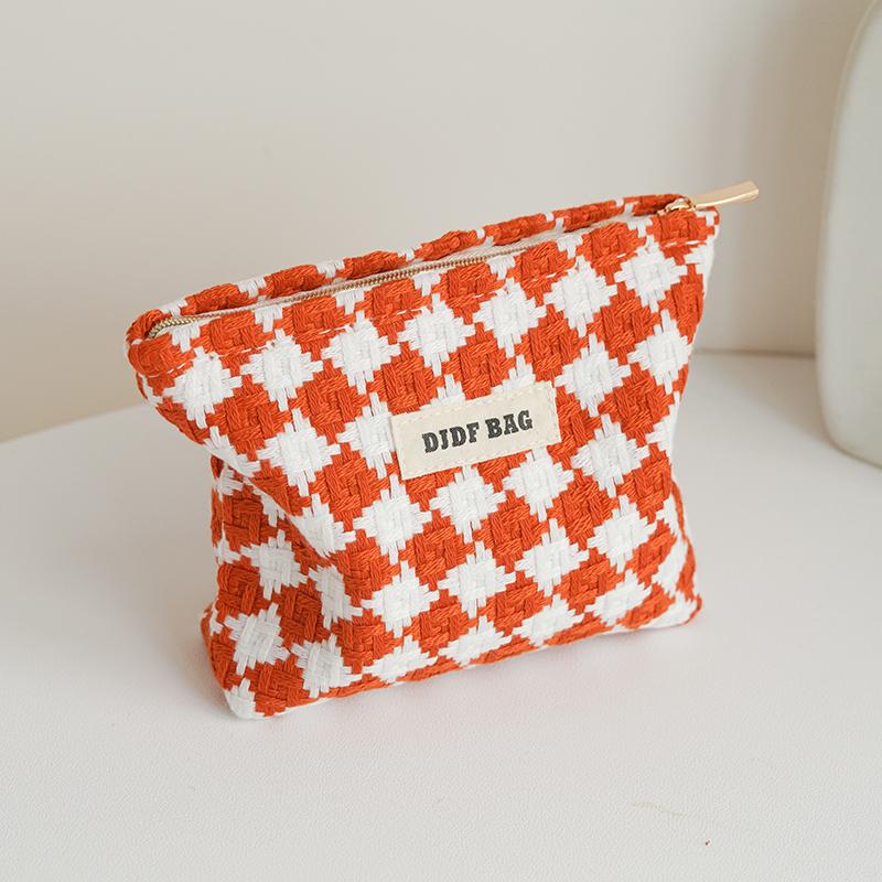 

Оранжевая клетчатая женская косметичка, маленькая двойная парусиновая портативная сумка для хранения помады на молнии, кошелек для монет, держатель для карт