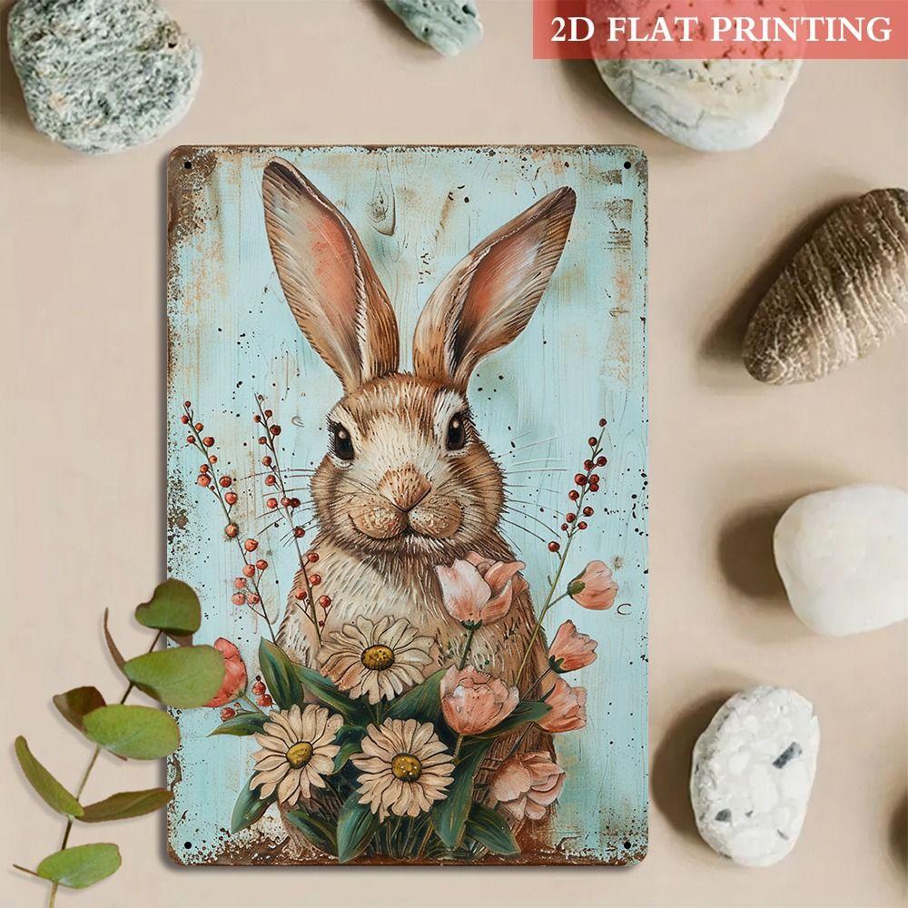 Tin Sign Retro Easter Rabbit Floral Wall Art Home Holiday Decor Metal Poster