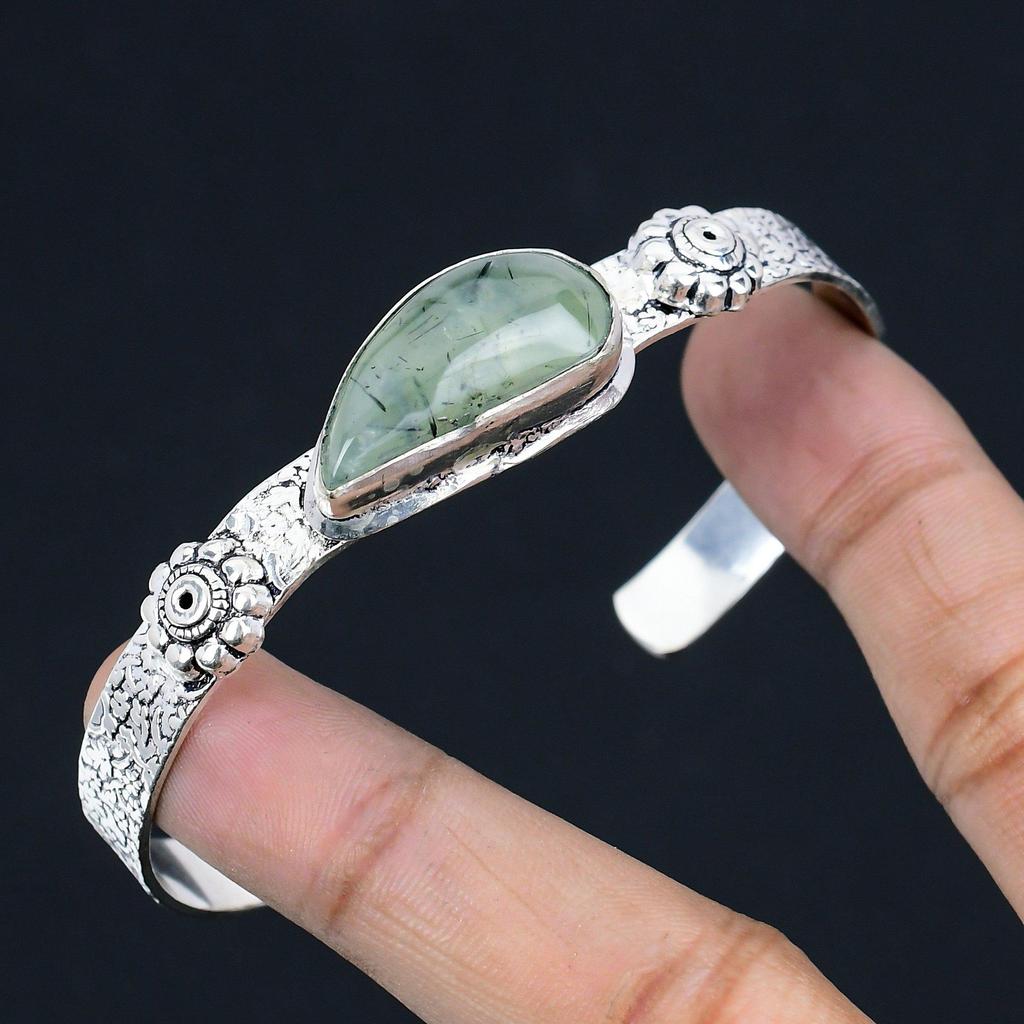Natural Moss Prehnite Gemstone Bangle Green Adjustable 925 Sterling Silver