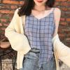 Damska bluzka bez rękawów z dekoltem w serek zapinana na guziki w świeżym stylu, top na ramiączkach, kamizelka z szyfonu w kratę