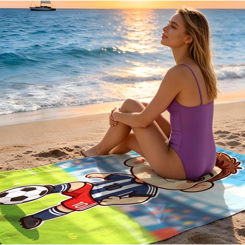 Chibi Cartoon Soccer Boy Beach Towel, Wrinkle Resistant, Adorable Print Towel For Family Travel & Beach Days