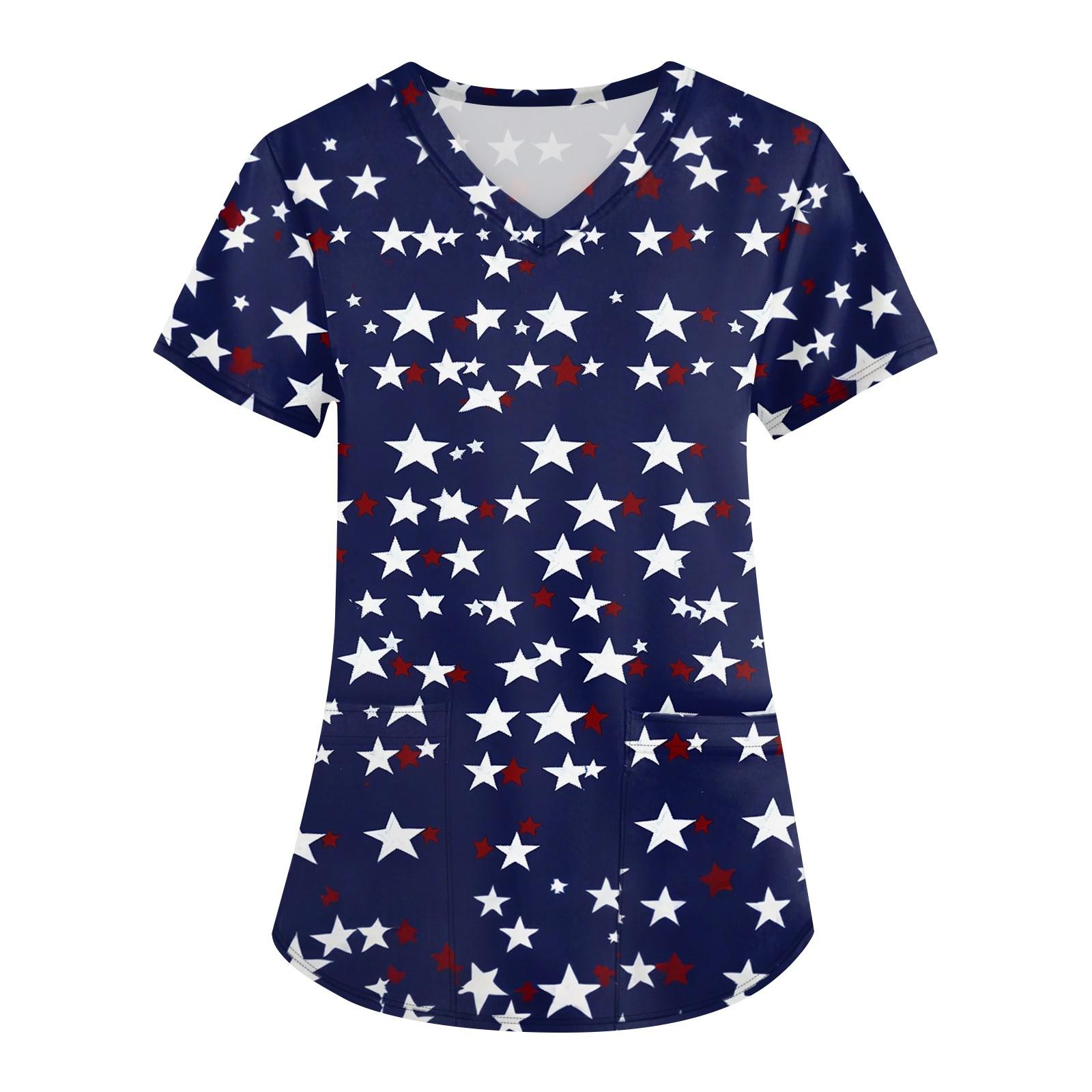 

Women s Fashion V-neck Short Sleeve Workwear With Pockets Independence Day Printed Tops L Темно-синій