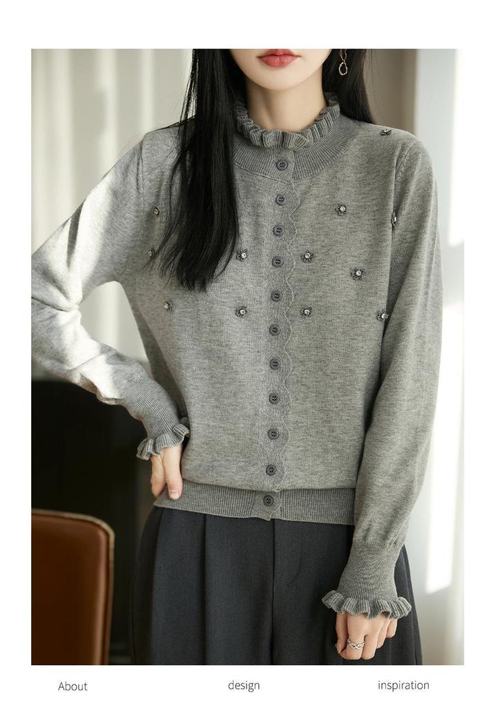 2026 Spring Women's Knitwear: Lace Ruffle Collar Cardigan Sweater, Button-Up Coat, Korean Style