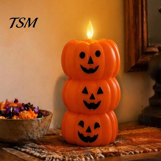 Stacked Pumpkin Lantern Halloween Flameless Fake Candle, Battery Operated Pumpkin/Ghost Candle Light, Fireplace Light LED Flickering Pillar for Dinner