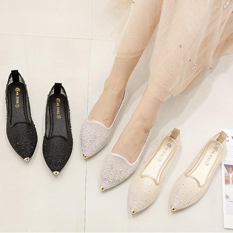Fashion Crystal Breathable mesh metal pointed toe ballet flats woman fairy slip on rhinestone moccasins shoes women zapatos de mujer2025