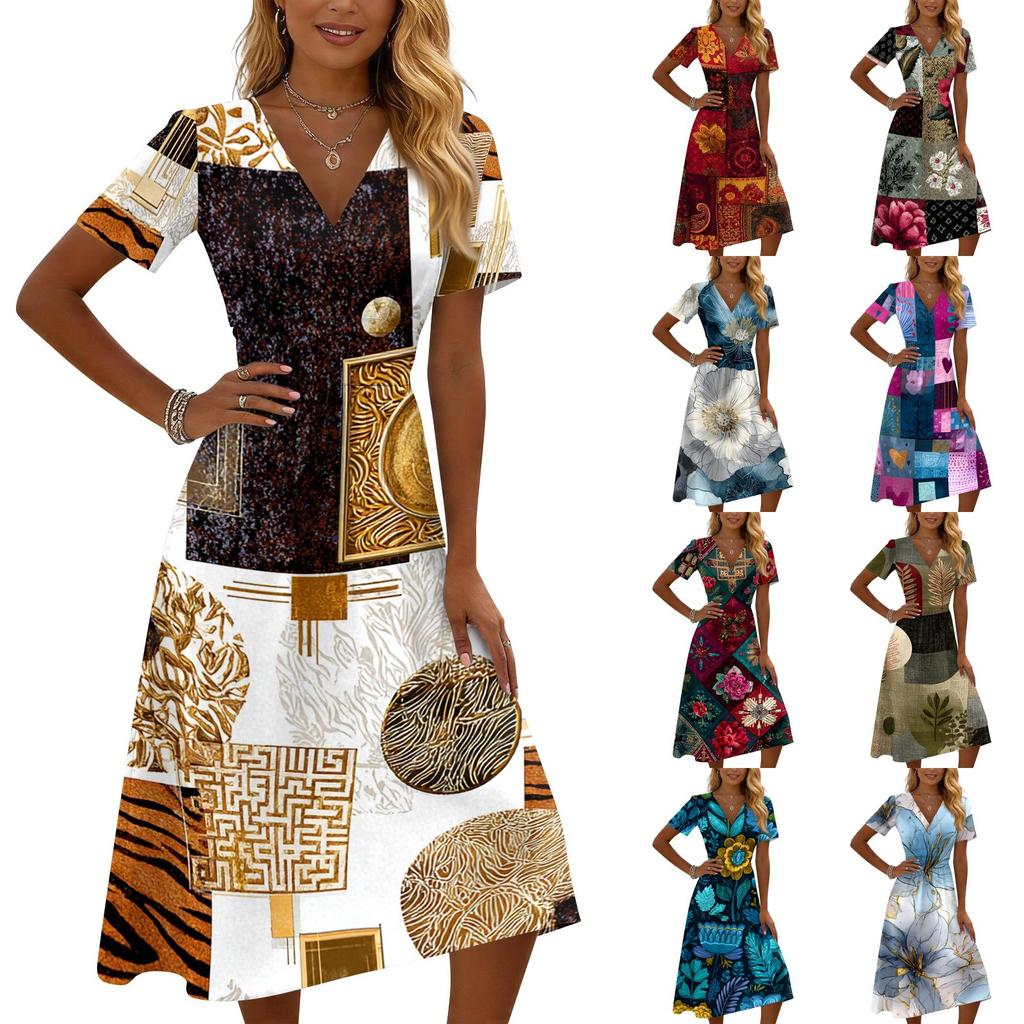 Women’s Casual Vintage Floral Print Short Sleeve V Neck Midi Dress Relaxed Fit Lightweight Summer Dress for Daily Wear