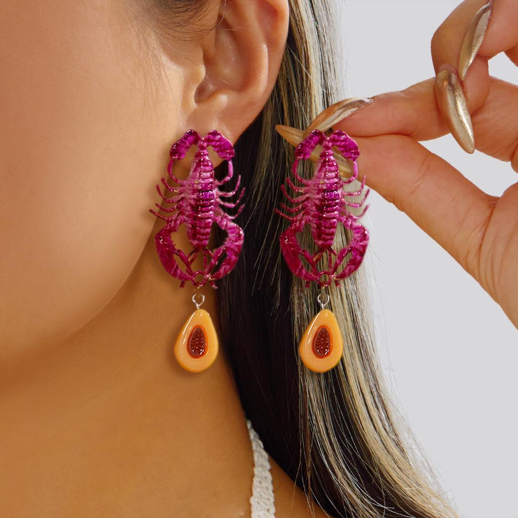 Boho Red Rhinestone Lobster Dangle Earrings For Women Ocean Style Crystal Zircon Animal Drop Earring Summer Beach Party Jewelry