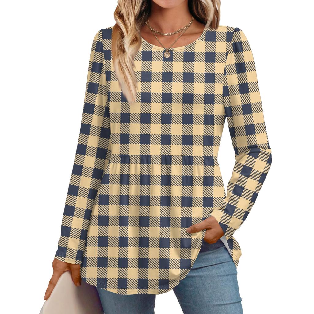 Women's Casual Fashion Long Sleeve Shirt Plaid Printed Tunic Top