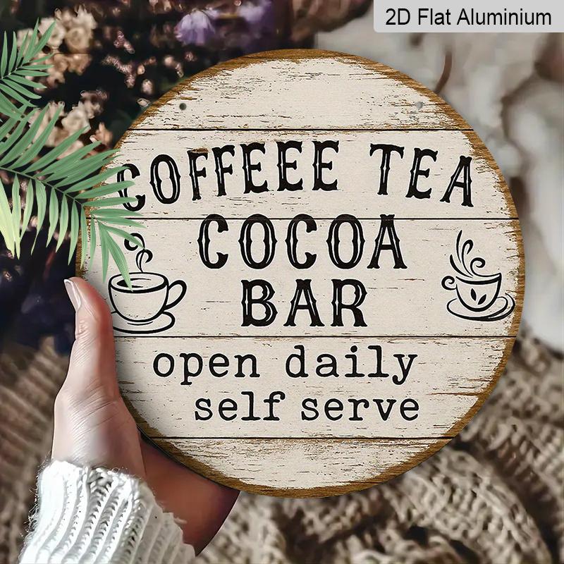 2D Flat, 1pc 7.87x7.87 Inch Round French Aluminum Sign, Vintage Decorative Plaque for "Coffee Tea Cocoa Bar", "Coffee Bar" Decorative Sign, Suitable