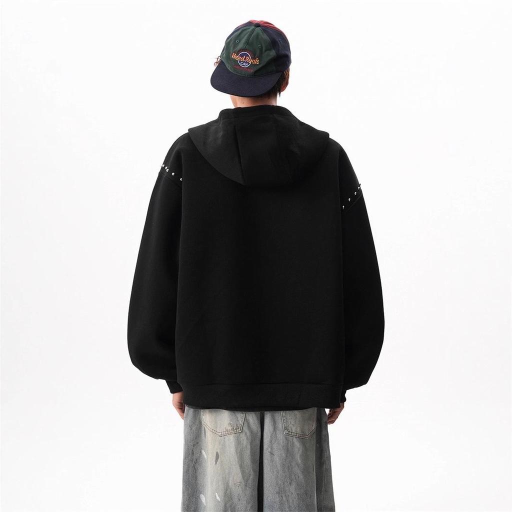 Unisex Velvet-Lined Retro Street Style Rivet Hooded Cardigan