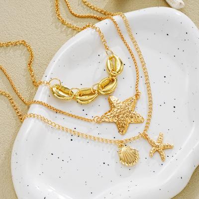 Seashell Starfish Pendant Necklace Coastal Style Layered Necklace Three Chains Necklace for Women Summer Beach Vacation Holiday Jewelry