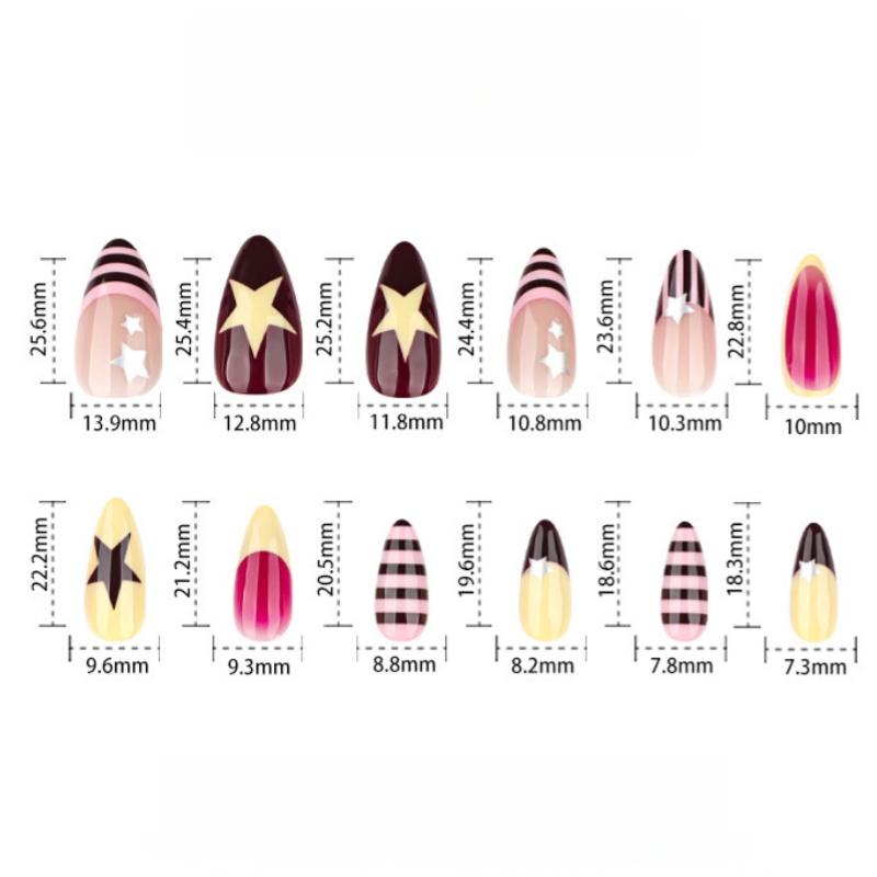 24Pcs Short Almond Press On Nails, Nude with Burgundy & Yellow Star & Stripe Fake Nails for Y2K Girls