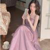 Фиолетовое платье с подтяжками: Женское летнее платье Fairy Style 2024 года, однотонное, утягивающее талию, длинное платье для отпуска