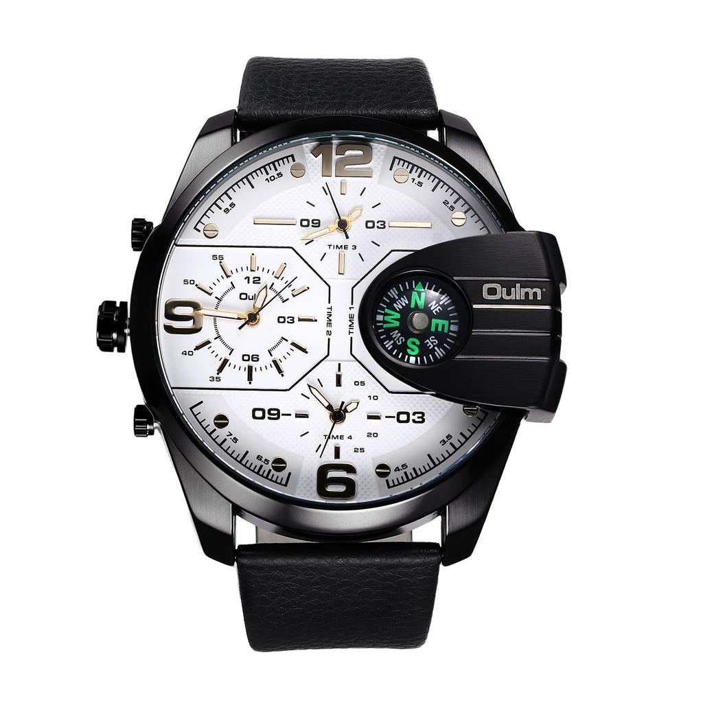 Men's Watch PU Leather Band 3 Time Zone Display Analog Display Quartz Waterproof Compass Design Large Dial Sports Watch Outdoor Easy To Read Casual