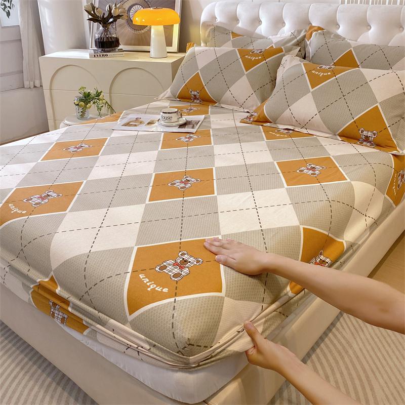 Classic Floral Pattern Fitted Sheet Set 100% Cotton Thickened Fitted Sheet Soft Skin-friendly Mattress Cover with 2 Pillowcases