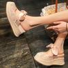 Summer bow lace mesh bag head slippers women's summer wear thick bottom muffin straw bottom temperament