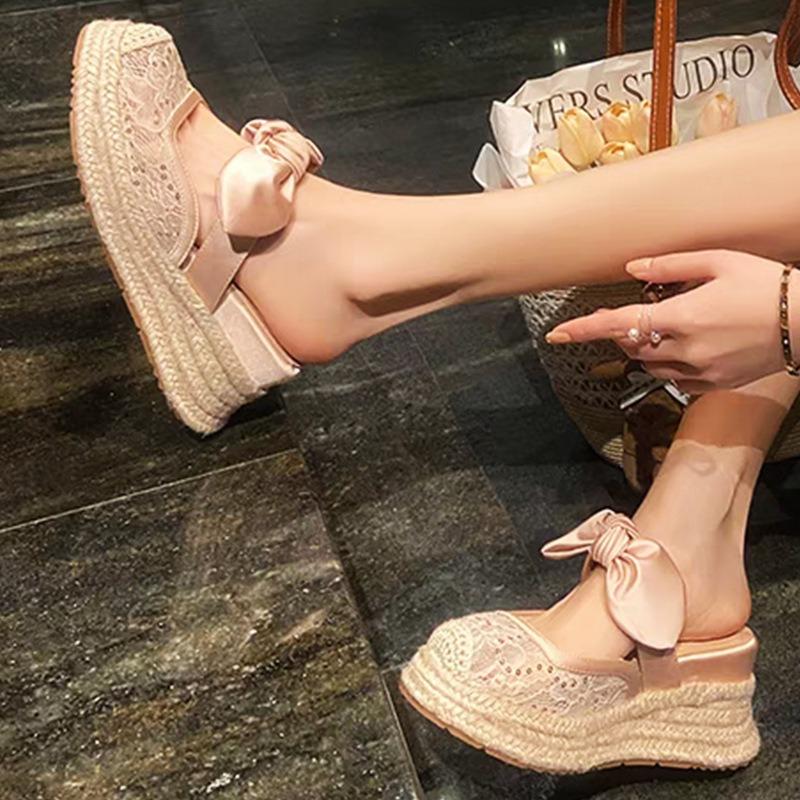 Summer bow lace mesh bag head slippers women's summer wear thick bottom muffin straw bottom temperament