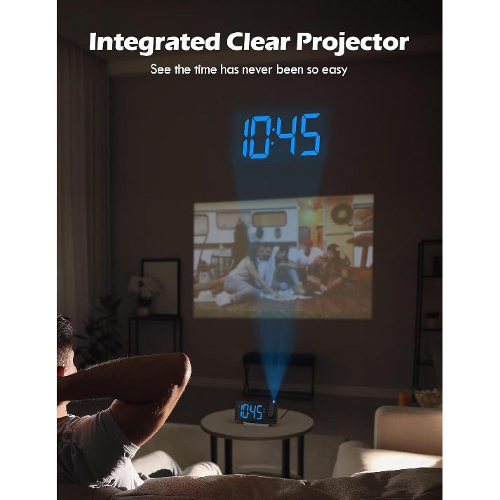 Projection Alarm Clock with FM Radio, USB Charging Port, 0-100% Dimmer, Dual Alarms, HD LED Display, 30 Preset Stations, Sleep Timer, 5 Alarm Sounds,