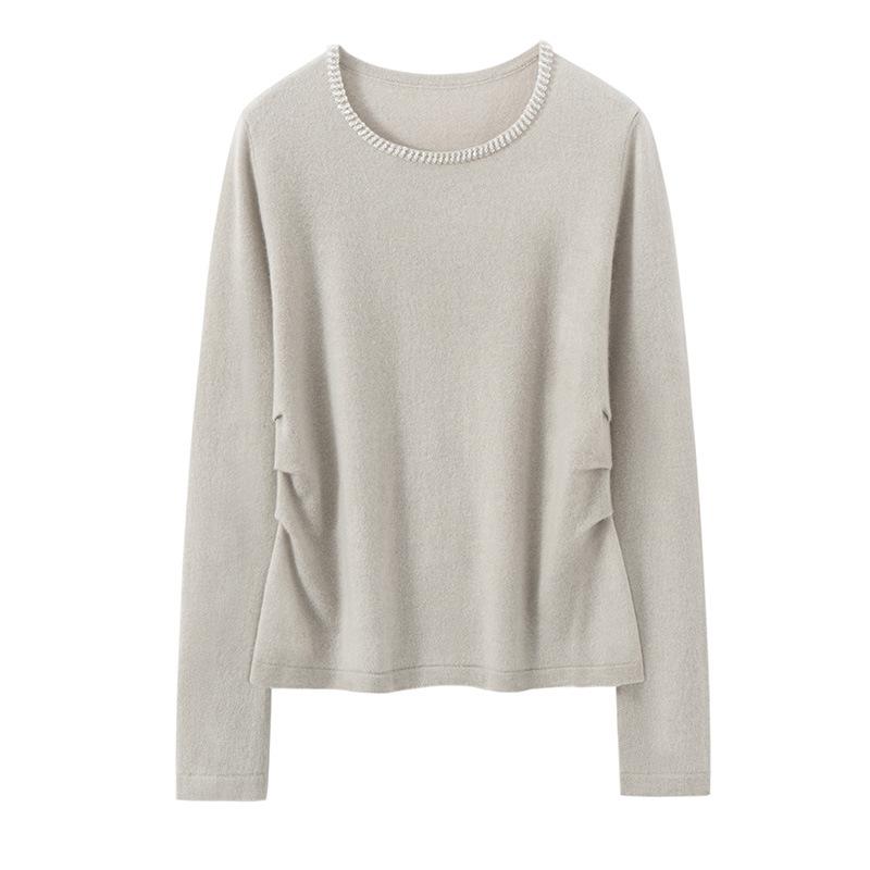 Crew Neck Diamond Waist Design Cashmere Sweater New Versatile Pullover Loose Casual Knitted Cashmere Sweater