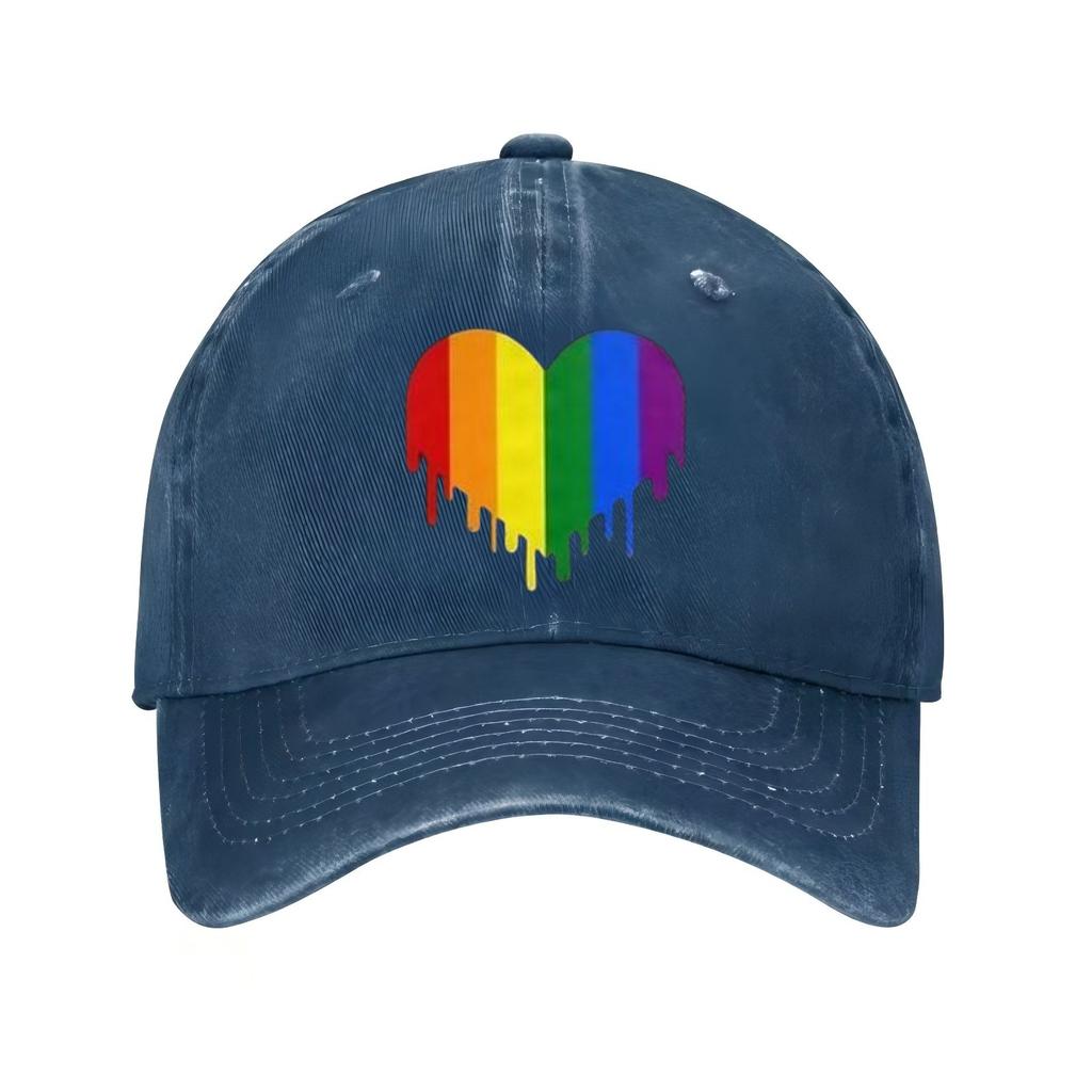 Rainbow Dripping Heart Gay Pride Baseball Cap Distressed Denim Style Casual Sun Shield Hat for Men Women
