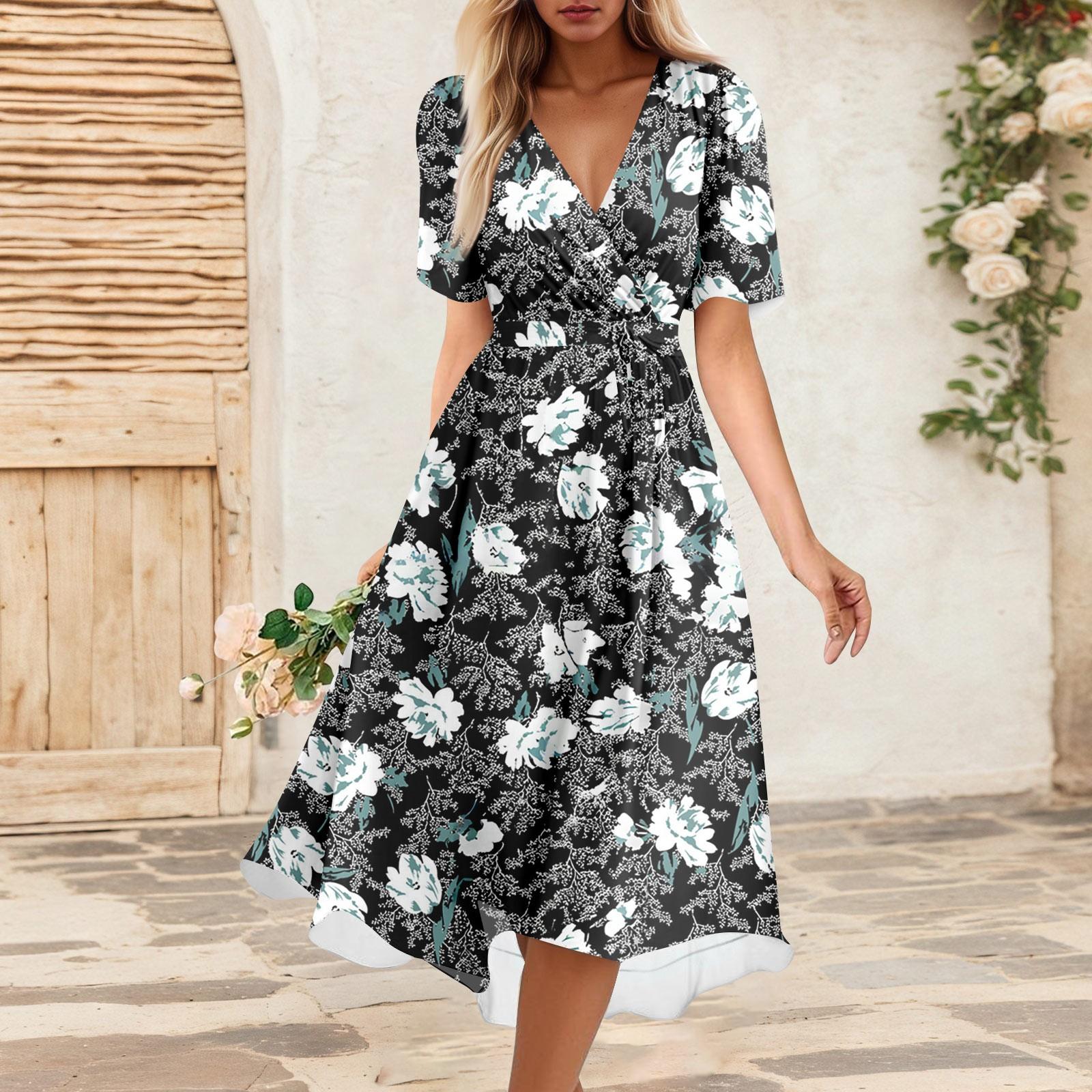 

Жіноча літня вільна сукня з V-подібним вирізом та коротким рукавом, елегантна сукня L чорний