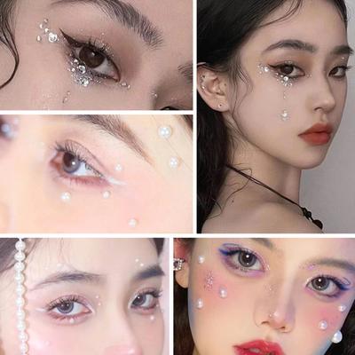 2Pcs 3/4/5/6mm Eye Makeup Sticker Non-fading Shining High Gloss Flat Base Beige Color Face Body Stick Faux Pearl Sticker Girls Supply