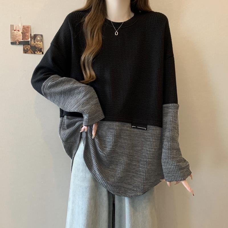 Women's Pullover Sweatshirt  Patchwork Contrasting Color Mid Length Autumn and Winter Loose Lazy Top Base Shirt