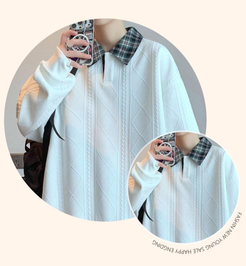 Men's Retro Color Block Plaid Long Sleeve Polo Collar Hoodie
