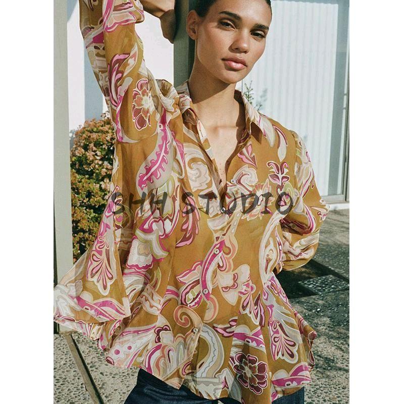 Spring New Women's Clothing French Casual Loose Lapel Long Sleeves Translucent Print Shirt 2502126