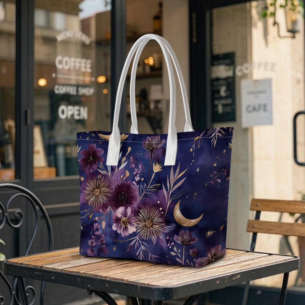 Purple Floral Moon Print Casual Tote Bag Large Capacity Portable Daily Commute Shopping Handbag for Women 