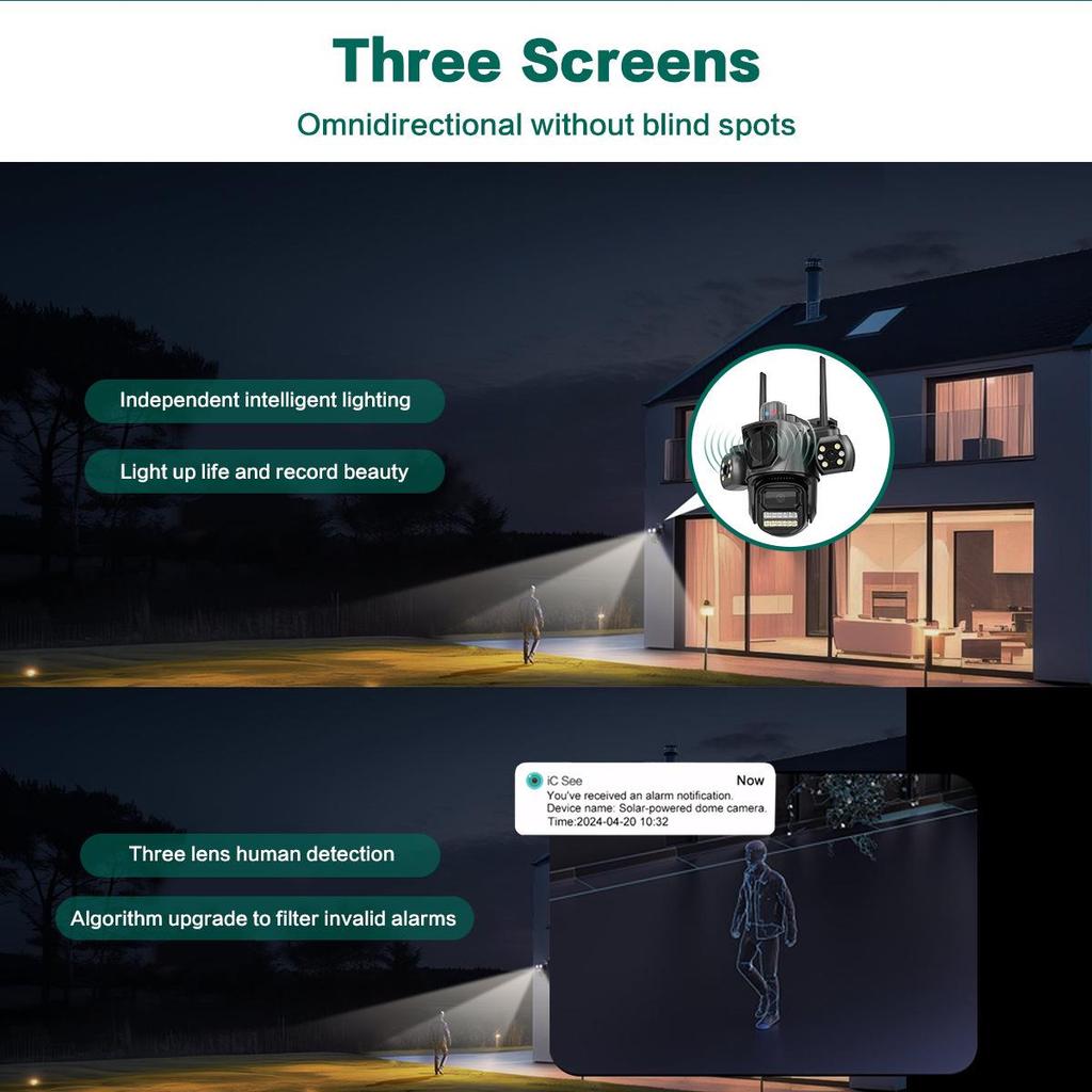 Icsee 9MP Wireless Three-Lens Camera with Triple Screen for Outdoor Monitoring