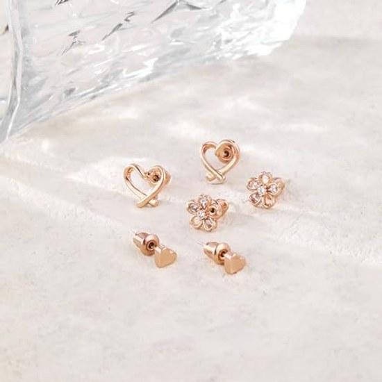 3 pairs 6 pieces earrings women surgical stainless steel stud second piercings flower cherry blossom heart four-leaf clover spring zirconia silver set