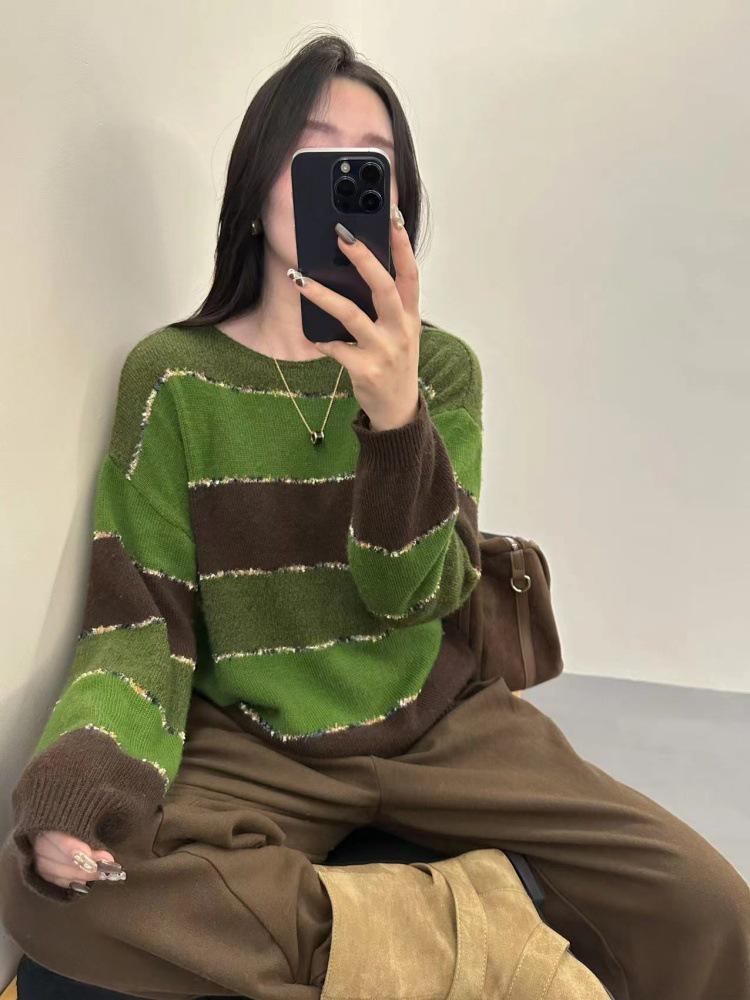 

Women s 2025 Striped Loose Sweater - High-End Knitted Top for Autumn/Winter XL зелёный