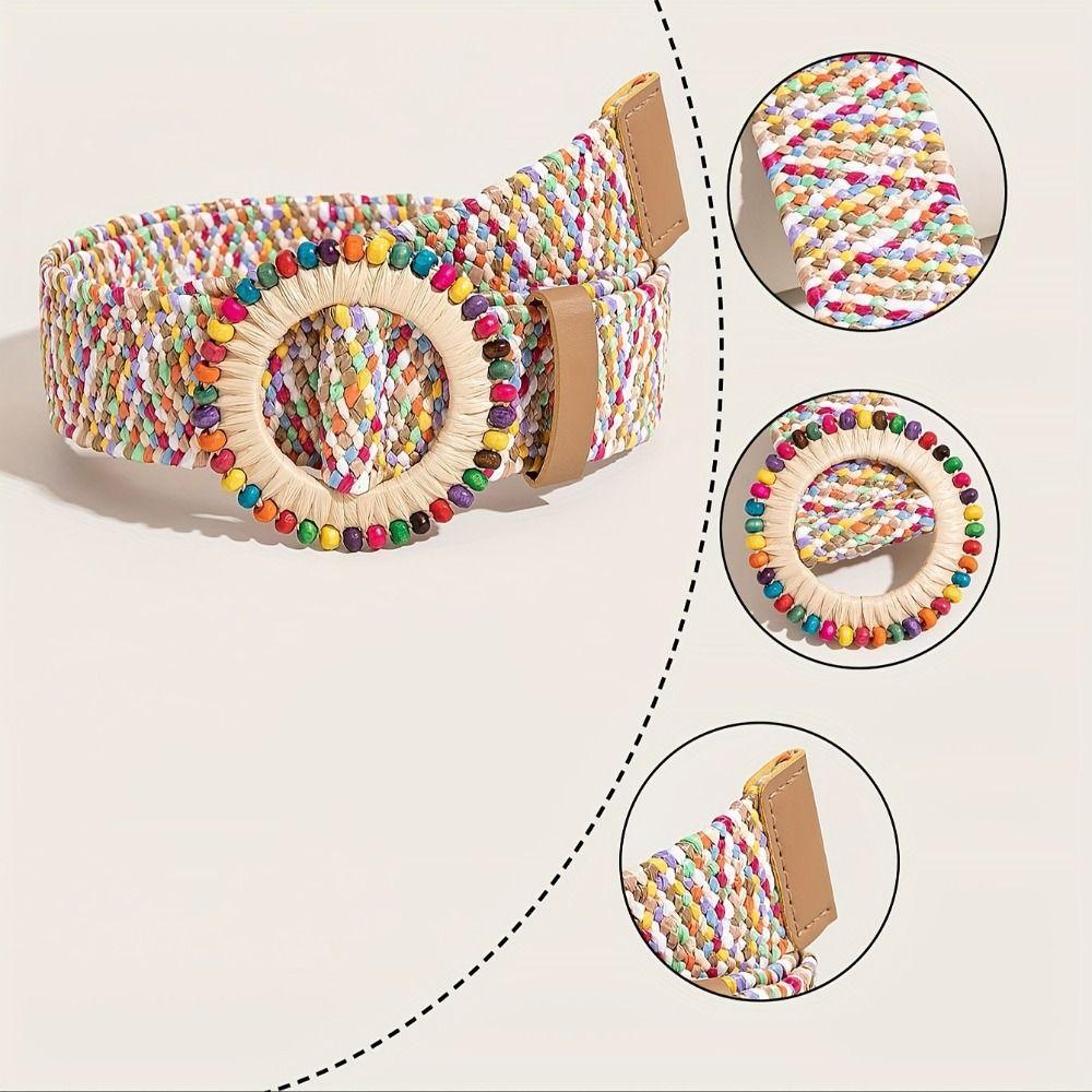 Vintage Woven Boho Straw Weave Belt Retro Hollow Out Bohemian Style Belt Wide PU Leather Ethnic Style Waistband Dress Decoration
