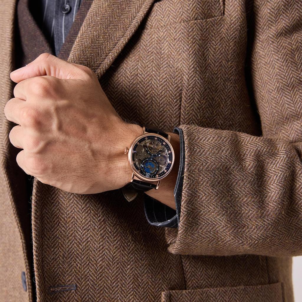 TIME100 Luxury Automatic Skeleton Watch with Stainless Steel and Genuine Leather 50M Water Resistance Men's Strap, (Rosemary Gold)