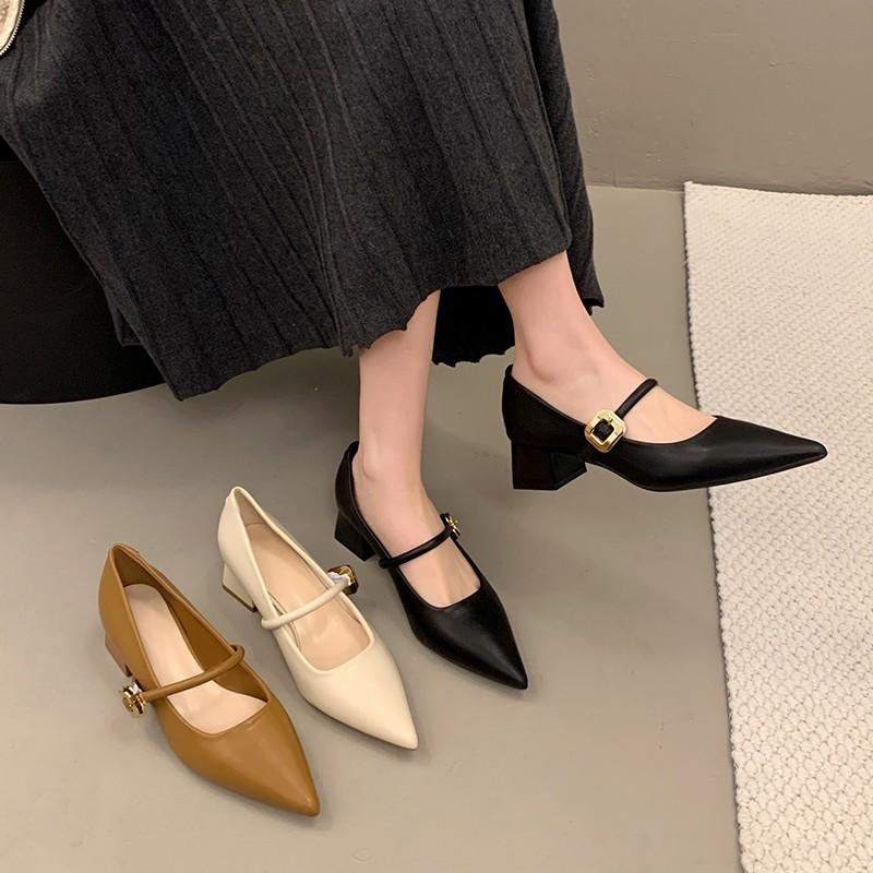 Schwarze Temperament Mary Jane Einzelschuhe Damenschuhe neu Frühling und Herbst eckiger Absatz spitz zulaufende Abendschuhe Temperament