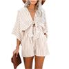 Womens Striped Tie Front V Neck Batwing Sleeve Romper With Pockets