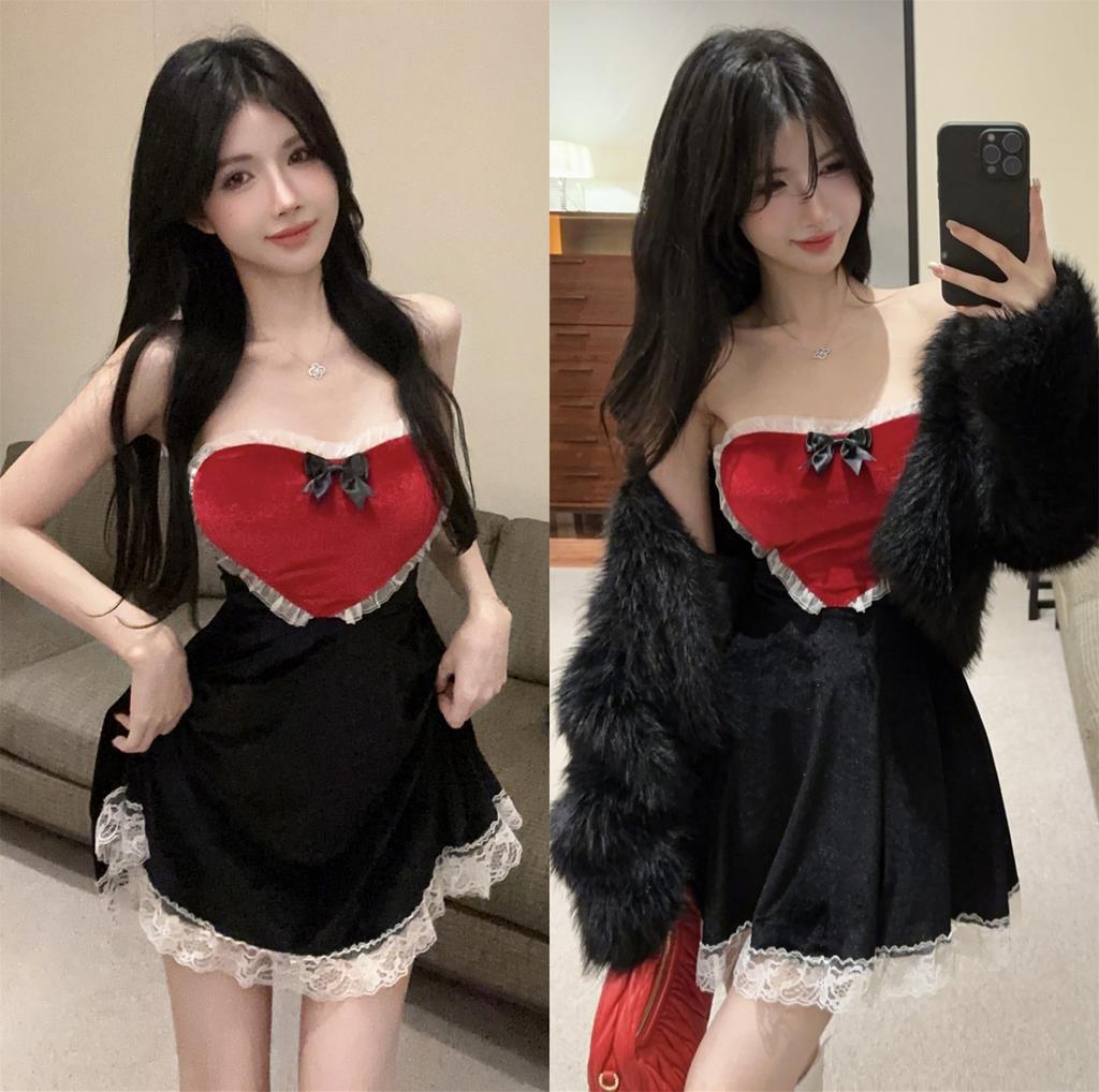 Age reduction cute girl style neck tube top skirt lace lace pure desire sexy Christmas style slim fit thin dress