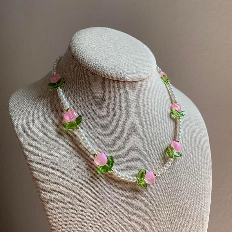 Neues Mode Süßes Tulpenblumen Halskette Armband Set Für Frauen Elegante Perlen Schlüsselbein Kette Halskette Party Schmuck Geschenk