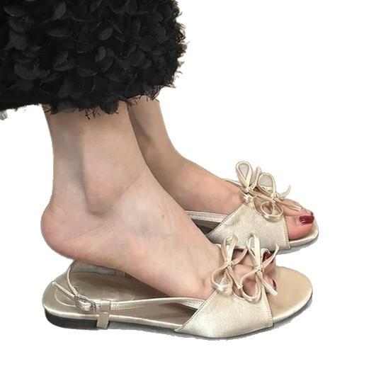 2025 summer new satin bow open-toed flat-soled soft-soled sandals round head outer wear flat-heeled cool slippers