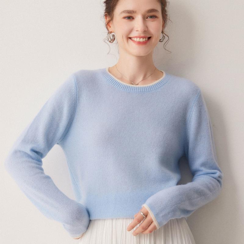 Women's Color Block Cashmere Sweater – 100% Pure 7 Gauge Single Ply, Soft, Skin-Friendly Pullover with Round Neck.