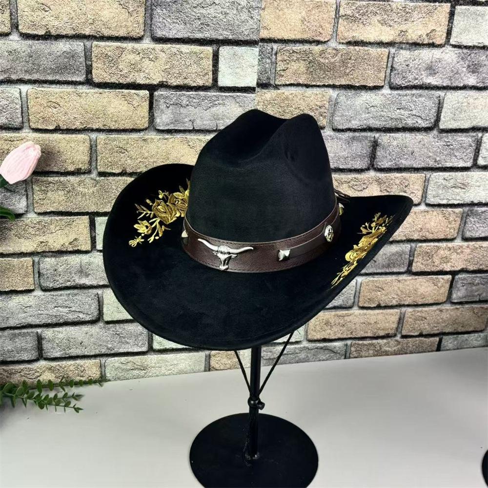 Popular European and American Classic Suede Western Cowboy Hat Men's and Women's Big Brim Embroidered Outdoor Sun Hat