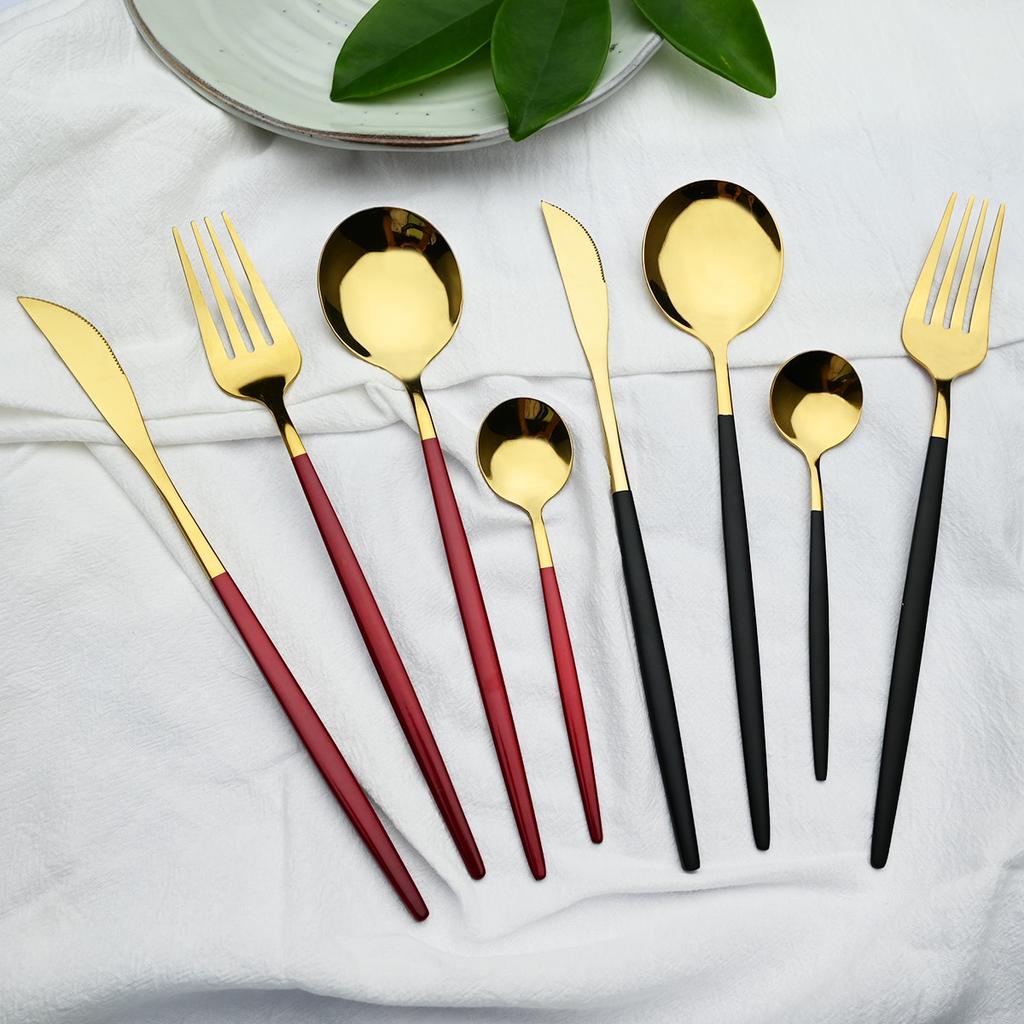 24pcs Black Gold Cutlery Set Mirror Stainless Steel Dinnerware Set Knife Fork Spoon Tableware Flatware Set Dishwasher Safe Kitchen Wedding Accessories