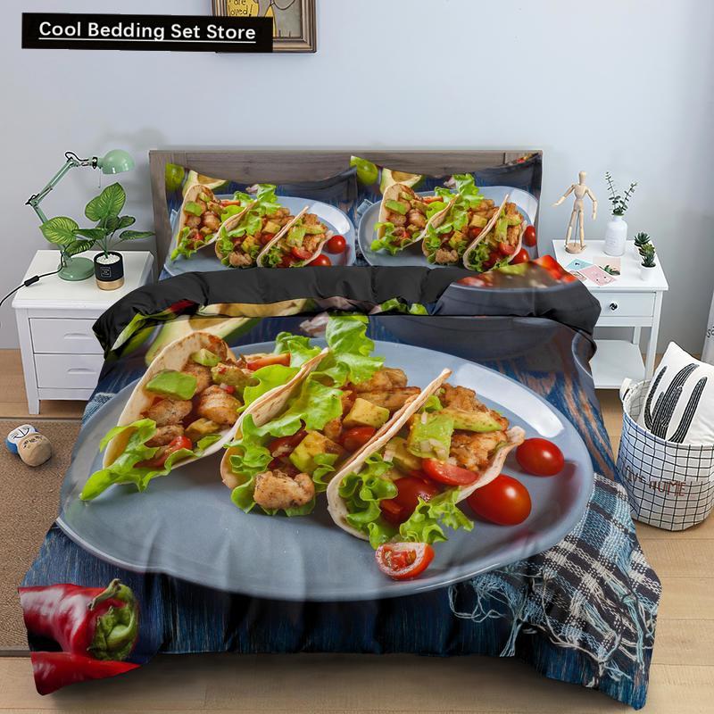 Essen Rindfleisch Bettwäsche Set 3D Frisches Fleisch Bettbezug King/Queen Größe Köstliche Meeresfrüchte Sashimi Hähnchenschenkel Steak Realistischer Bettdeckenbezug