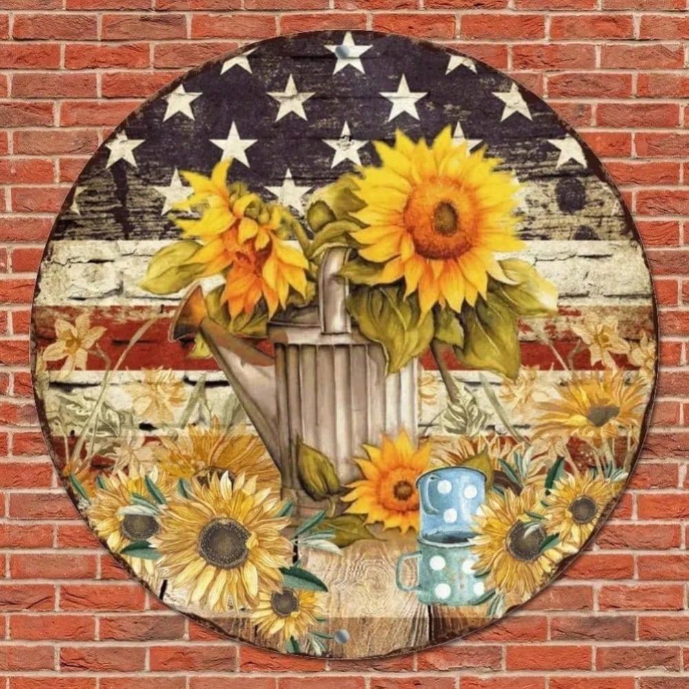 Vintage Round Metal Tin Sign American Flag Sunflower Rustic Wall Art Home Decor
